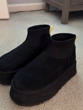 UGG Black Platform Ankle Boots with Yellow Pull Tab